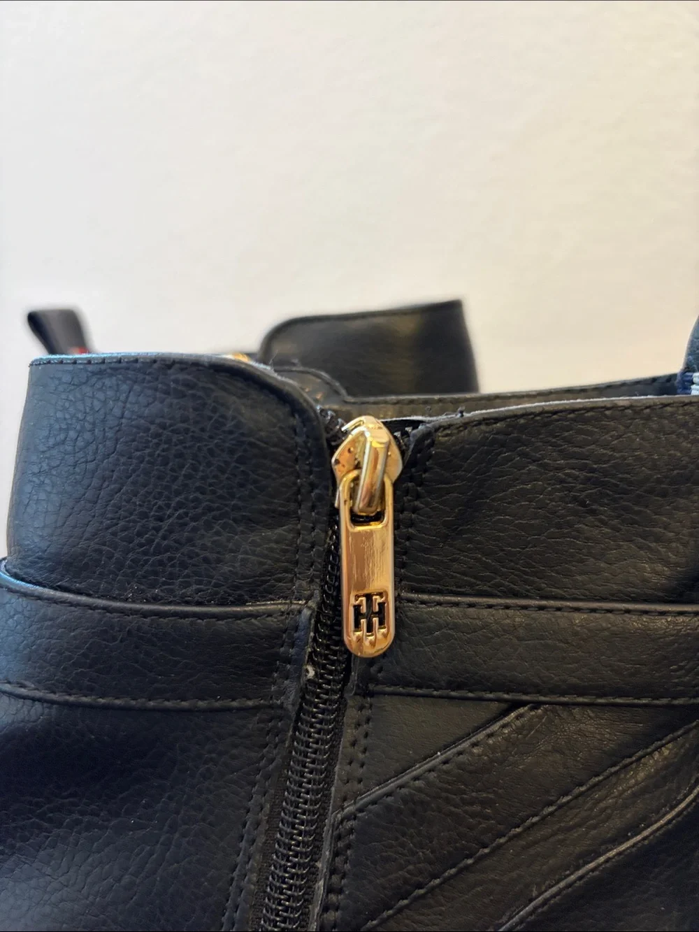 Tommy Hilfiger Black Faux Leather Booties with Gold Hardware